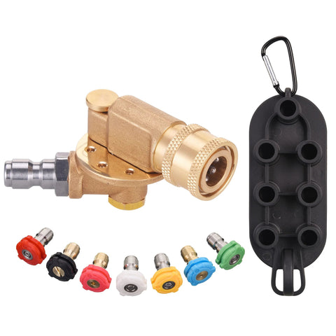 PWACCS pressure washer pivoting coupler kit, brass, 240° rotation, 1/4" quick-connect, gutter cleaner, 7 nozzle tips with holder.