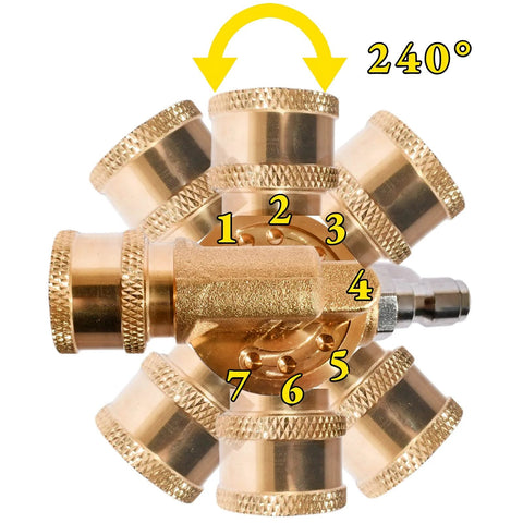 Brass 7-angle pivoting pressure washer coupler with 1/4" quick-connect and 240-degree rotation.