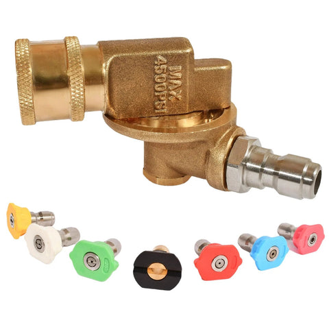 Brass pressure washer pivoting coupler with 1/4-inch quick-connect and eight color-coded spray nozzle tips