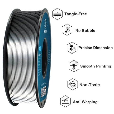PLA Silk Filament 1.75mm for 3D Printer Metallic Silver Shine 1kg Spool with 0.02mm Dimensional Tolerance showing benefits