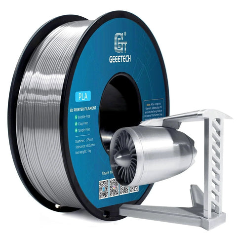 PLA Silk Filament 1.75mm for 3D Printer Metallic Silver Shine 1kg Spool with 0.02mm Dimensional Tolerance, with printed jet engine model