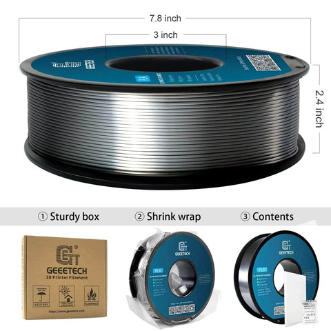 PLA Silk Filament 1.75mm for 3D Printer Metallic Silver Shine 1kg Spool with 0.02mm Dimensional Tolerance, packaging shown