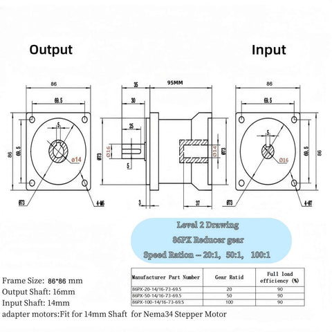 Technical drawing of Planetary Gearbox Speed Reducer Ratio 50:1 Backlash <25 arc-min 3000RPM Gear Head for Nema 34 Stepper Motor.