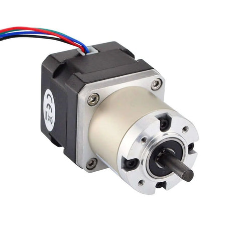 27:1 Planetary Gearbox Nema 17 Stepper Motor for DIY CNC Hobby Camera Robotics, silver and black with wires, front view