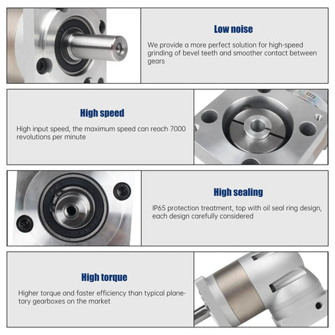 Close-up of Right Angle Planetary Gearbox For Nema23 Stepper Motor 7:1 Reducer 14mm Output showing features and specifications