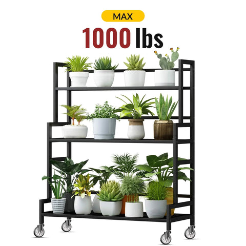 Metal plant shelf with 5 inch caster wheels no brake stem casters set of 4 heavy duty swivel castors, holding potted plants, supports 1000 lbs.