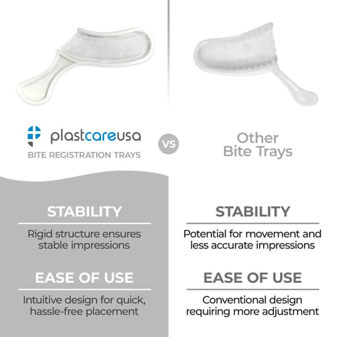 Comparison of PlastCare USA 50 Sideless White Disposable Dental Bite Registration Trays with Other Bite Trays showing stability and ease of use