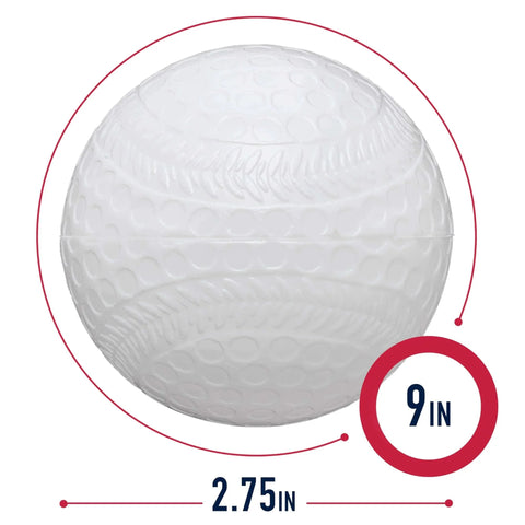 Close-up of MLB Plastic Baseballs - 8 Pack showing size and perforation details.