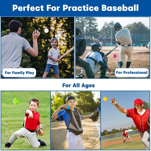 Baseball practice with kids and adults using 50 Pack Baseball Practice Balls Plastic Training Balls Lightweight Hollow Softballs for Hitting.