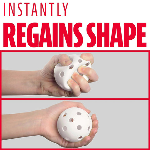 Hand squeezing Franklin Sports Plastic Baseballs - Indestruct-A-Ball Plastic Batting Practice Baseballs, instantly regains shape.
