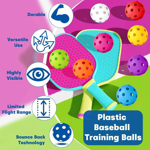 Colorful graphic of Plastic Baseball Training Balls with features like durable, versatile use, highly visible. 20 Pack Baseball Practice Balls Plastic Training Balls Lightweight Hollow Softballs with a Drawstring Bag for Hitting, Baseball Training Indoor Outdoor Use (Multicolor)