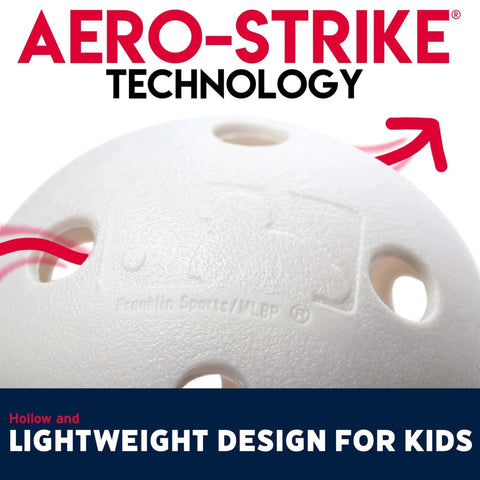 Close-up view of a plastic baseball featuring Aero-Strike Technology, showcasing hollow design for kids. Plastic Baseballs - MLB.