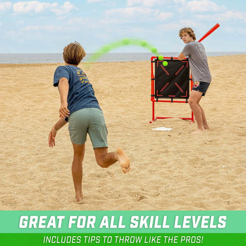 Two boys playing with Plastic Baseballs - 6 Pack on a beach, using a practice net and bat for outdoor fun.