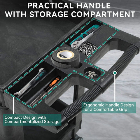 Close-up of ergonomic handle and storage compartment of Heavy Duty Plastic Utility Cart On Wheels With 550 Lb Capacity 2 Shelf Rolling Service Cart For Warehouse Garage School And Office Cleaning YITAHOME Black.