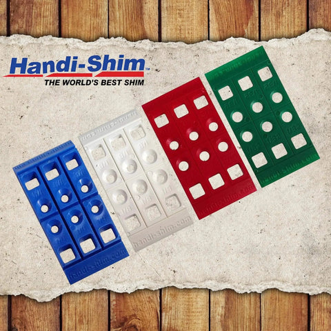 Heavy Duty Reusable Plastic Construction Shims Set Of 100 For Spacing Leveling And Plumbing Projects In Four Sizes Shown In Green Red White Blue