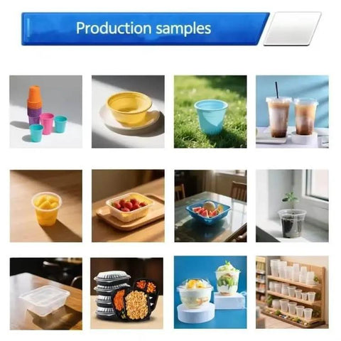 Production samples of cups, lids, and bowls from Automatic Plastic Cup Making Machine With PLC Touch Screen Control Thermoforming System.