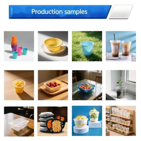 Image of products made by Commercial Disposable Plastic Cup Making Machine All In One Thermoforming Gear For PP PS PET Sheets.