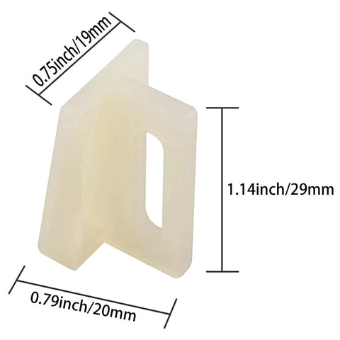 Close-up of 8 Piece Plastic Door Bottom Track Kit with N7015 Wheel Fixing Clips showing dimensions in inches and millimeters