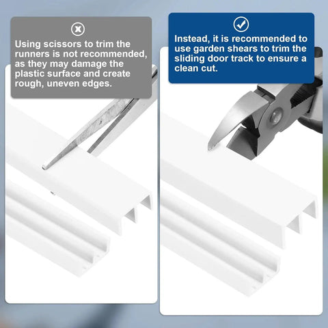 Instructions for cutting Plastic Sliding Door Track Kit for One Eighth Inch Panels with proper tools, highlighting garden shears usage.