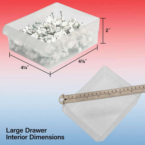Large drawer of 24-Drawer Plastic Storage Cabinet For Garage Organization And Craft Storage, filled with small parts, measuring 4 7/8 x 4 1/4 x 2 inches.