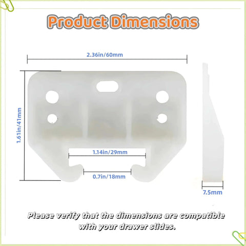 Dimensions of 12 Pack Plastic Drawer Guides Center Mount Rails And Brackets White Replacement Parts for dressers and cabinets.