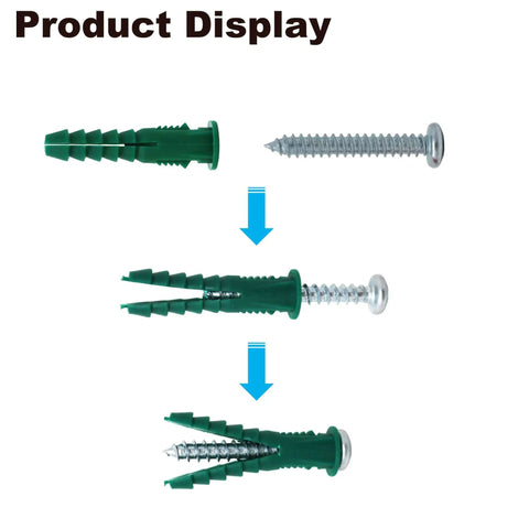 Plastic Drywall Anchors and Screws Kit 400 Piece Set with Ribbed Anchors and Carbon Steel Screws for Strong Easy Install on Drywall and Plaster Walls Perfect for Shelves Mirrors Televisions and Other Home DIY Mounts diagram showing anchor usage