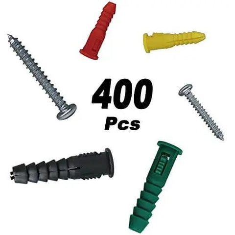 Plastic Drywall Anchors and Screws Kit 400 Piece Set with ribbed anchors and carbon steel screws various colors with number 400 shown