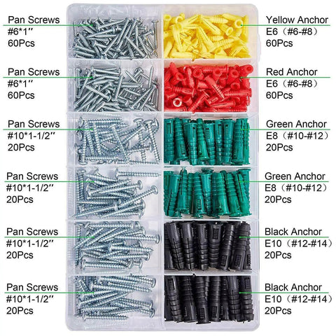Plastic Drywall Anchors and Screws Kit 400 Piece Set with Ribbed Anchors and Carbon Steel Screws in assorted colors for drywall and plaster walls