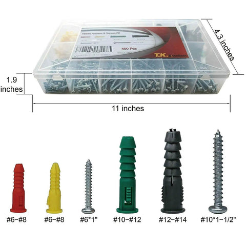 Plastic Drywall Anchors and Screws Kit 400 Piece Set with Ribbed Anchors and Carbon Steel Screws shown in clear storage box