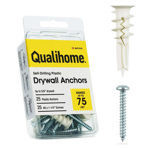 Package of Qualihome #8 Self Drilling Drywall Plastic Anchors with Screws, No Pre Drill Needed, 75 lb Rating, Deep Thread Design