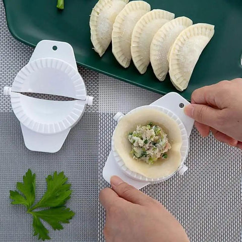 Person using No Fuss Dumpling Maker Press Kit 3Pcs Small Nonstick Plastic Dumpling Mold For Pierogi Empanada Calzone Turnovers Easy To Use