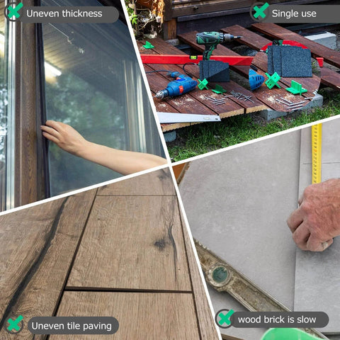 Collage showing issues resolved by 120 Pcs Plastic Flat Shims For Leveling Structural Tile And Surfaces Durable PP Material.