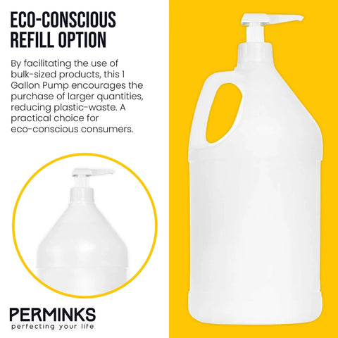 Front view of a 1 Gallon Pump Dispenser for Shampoo, Detergent, Lotion & Body Wash, part of a 4 Pack set with eco-conscious refill option.