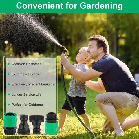 Father and son using hose with 20 Piece Plastic Garden Hose Quick Connect Fittings Set With 12 Rubber Washers, outdoors.