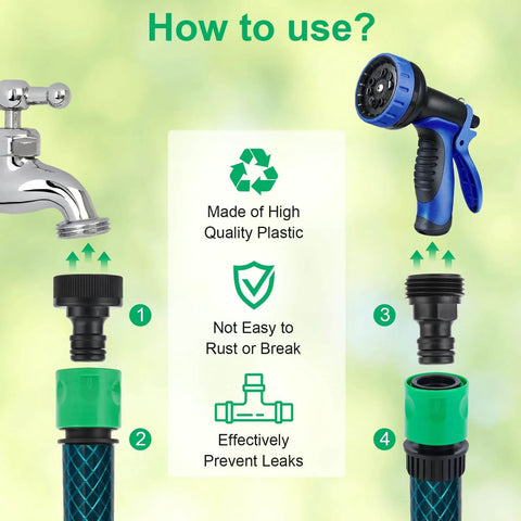 20 Piece Plastic Garden Hose Quick Connect Fittings Set With 12 Rubber Washers For Three Quarter Inch GHT Male And Female Connectors Durable Leak Free Snap On Quick Attach Hose System installation illustration
