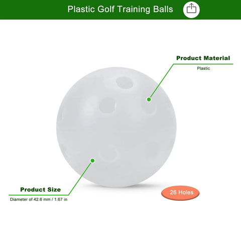 Close-up of a 50PC Plastic Golf Training Ball 42 mm, white, with 26 holes, shown with product size and material details.