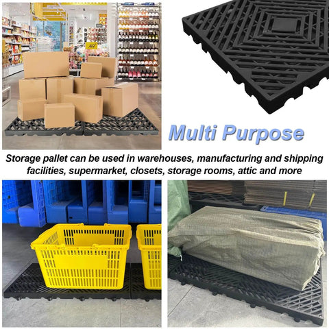 10 Pcs Lightweight Plastic Pallets 11.8 By 23.6 By 1.18 Inch Waterproof Moisture Proof Floor Pallets For Garage Basement Industrial Storage With Grid Ventilation Blue And Black in use in a warehouse setting.