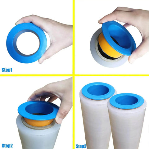 3 Pairs Plastic Stretch Film Hand Saver Handles For 3 Inch Core Wrap Film Manual Puller Grip For Shipping Packing Pallet And Moving Supplies Reusable Waterproof Plastic Tool in use, step-by-step installation.