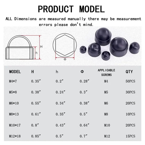 Diagram and sizes of 145 Piece Set Plastic Screw Cap Covers For Hex Bolts Dome Style Fits M4 To M12 Easy Install Bolt Protection Caps