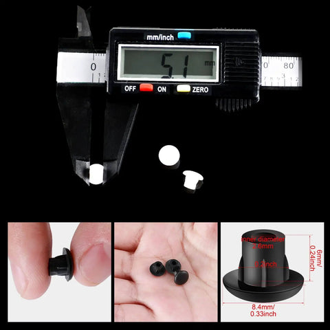 3/16 Inch Plastic Hole Plugs For Round Cabinet Holes And Shelf Covers, Clear 5 Mm Hole Plugs For Furniture Cupboards, 100 Pieces With Transparent Storage Box, Jetec; showing measurement, hand view, and close-up on black background