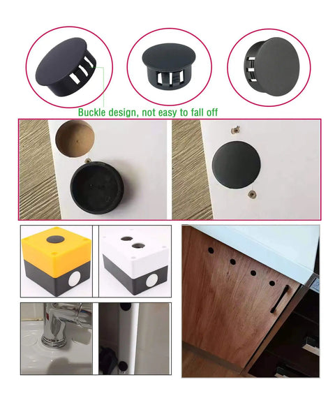 Plastic Hole Plugs Set 360 Pieces In 9 Sizes Flush Type Snap In Locking End Caps shown in various applications