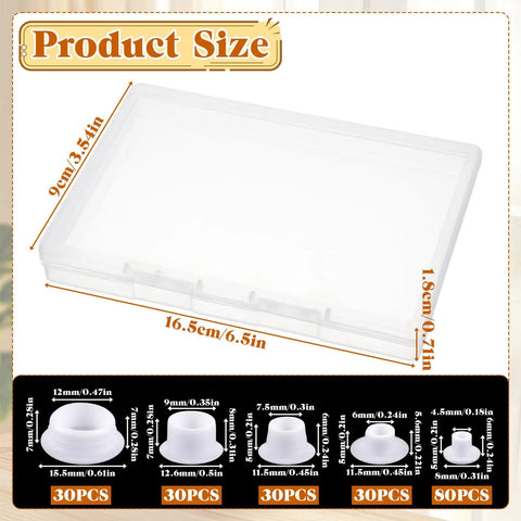 Screw Hole Plugs Pack Of 200 White Plastic Round Button Covers For Cabinets Cupboards And Shelves Multiple Size For Quick Concealment And A Neat Clean Look displayed in packaging with size chart