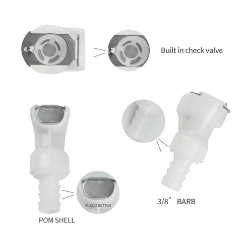 Plastic Hose Barb In Line Quick Connector Set Must Have With Shut Off Valves with check valve and SUS302 button details.