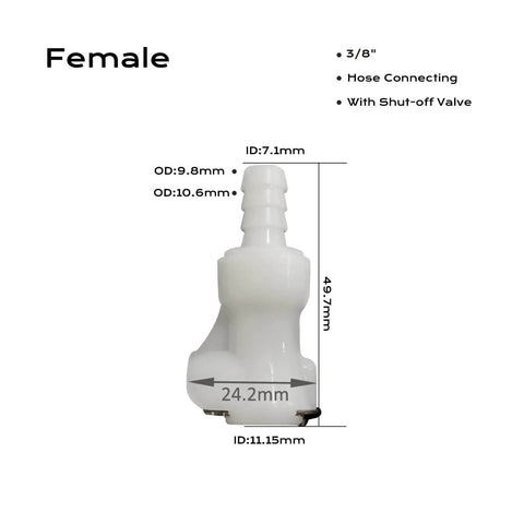 Female Plastic Hose Barb In Line Quick Connector with 3/8 inch shut-off valve, dimensions labeled, white plastic fitting