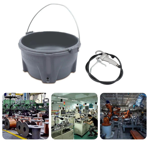 Oil Bucket And Oil Gun Kit For Machine Pipe Threading Tools with gray plastic bucket and handheld oiler for quick lube jobs