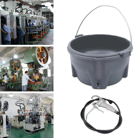 Oil Bucket And Oil Gun Kit For Machine Pipe Threading Tools with plastic oiler barrel and durable oiler gun shown with industrial equipment
