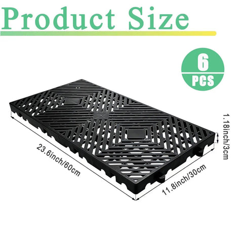 Black Six Pack Plastic Pallets 23.6 x 11.8 x 1.18 Inches with grid ventilation for multi-purpose storage.