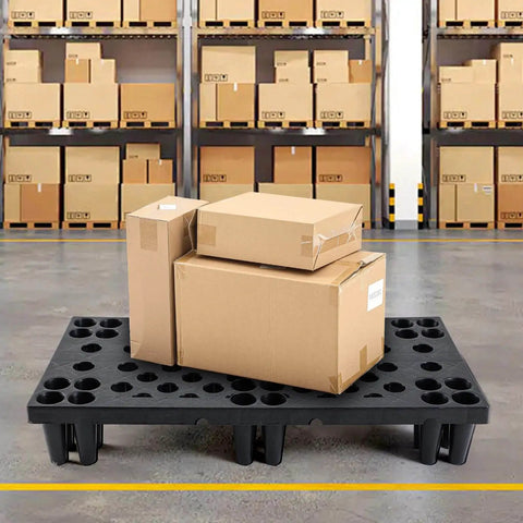 Four Pack Plastic Pallets For Basement Storage with cardboard boxes, lightweight waterproof floor pallets with breathable grids, 23.6 x 11.8 x 3.9 inches