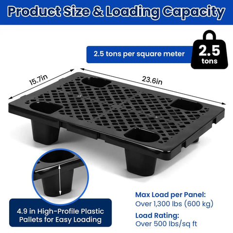 8 Pack Raised Plastic Pallets With Breathable Grid For Basement Storage Kitchen And Supermarket Use Interlocking Nestable Lightweight Moisture Resistant Floor Pallets 19.6 X 11.8 X 4.9 Inch Black, front view