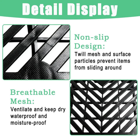 Detailed view showing the breathable mesh and non-slip design of Six Pack Plastic Pallets 23.6 x 11.8 x 1.18 Inches Lightweight Moisture Proof Waterproof Floor Pallets With Breathable Grid Ventilation For Multi Purpose Storage In Garage Kitchen Basement Attic.
